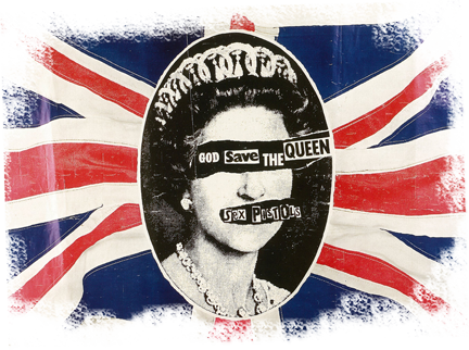 The Sex Pistols avec Jamie Reid, affiche pour la sortie de God Save the Queen, 1977 © Sex Pistols Residuals